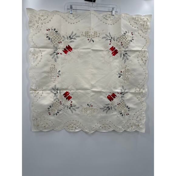 Vintage Christmas table cloth with stitched candles off white 34x34